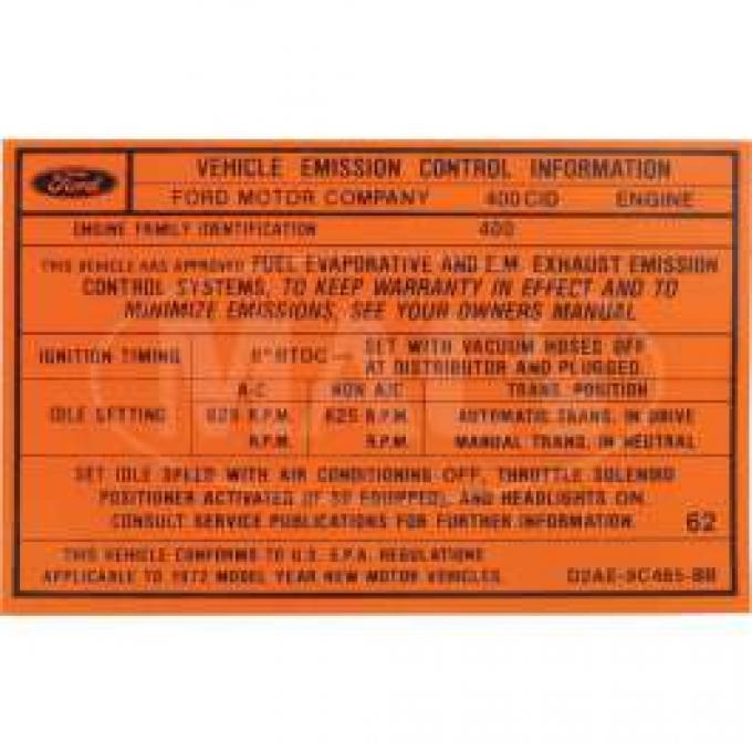 Emission Decal, 400-2V AT, Galaxie, 1972