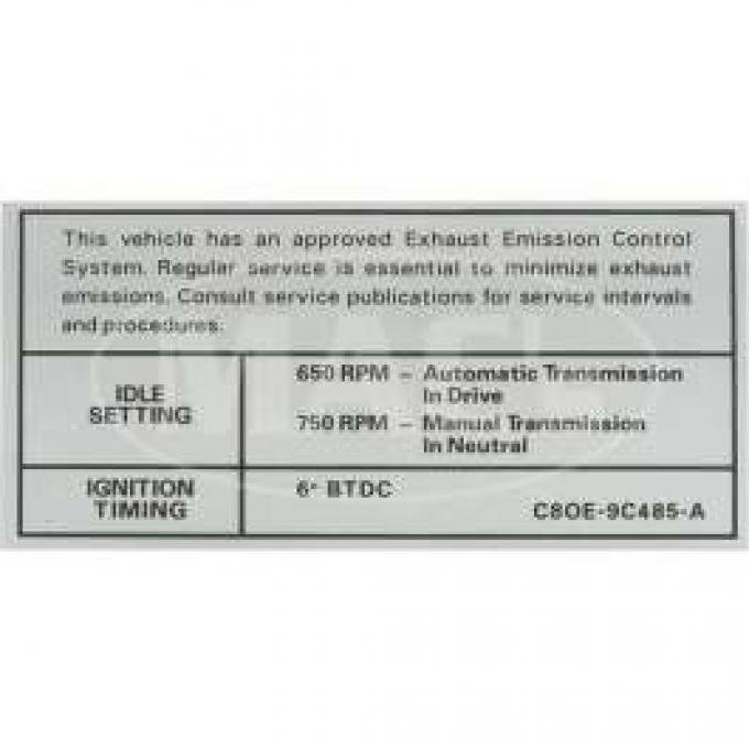 Emission Decal, 289/302/390, Falcon, Fairlane, Ranchero, Torino, 1968