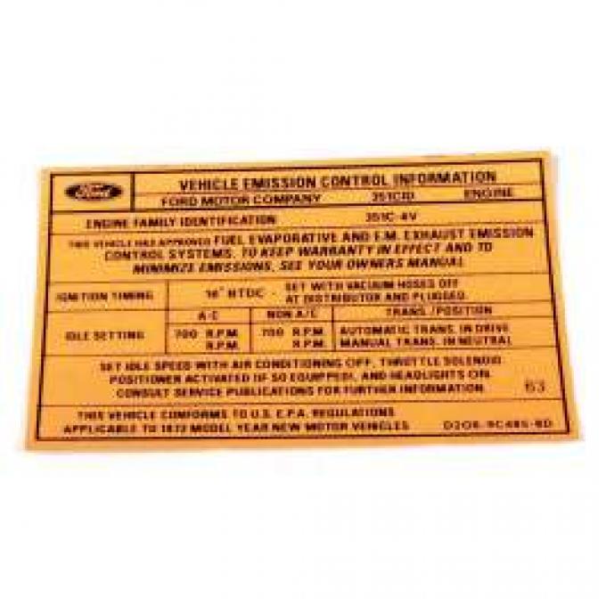 Emission Decal , 351-4V AT (Late), Montego, 1972
