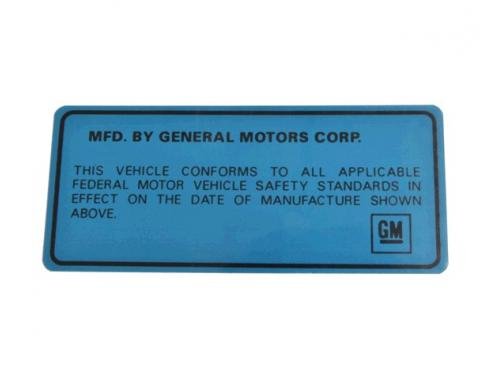 Door Decal, Vehicle Certification Label Back of Door, 1969-1975