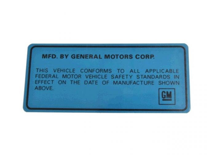 Door Decal, Vehicle Certification Label Back of Door, 1969-1975