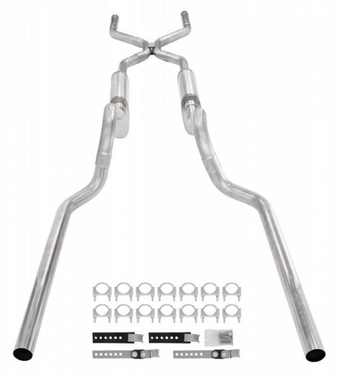 Pypes Crossmember Back W/ H-Pipe Exhaust System 63-66 GM Truck Split Rear Dual Exit 2.5 Inch Intermediate And Tailpipe Hardware Incl Street Pro Muffler Incl And Tip Not Incl Stainless Steel Exhaust SGT74S