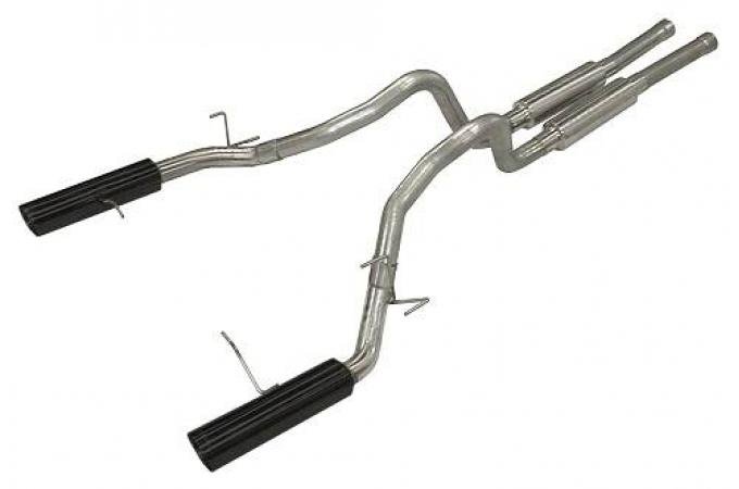 Pypes Cat Back Super System Exhaust System 11-14 Mustang GT Split Rear Dual Exit 2.5 in M80 Mufflers/Hardware/4 in Black Tips Incl Natural Finish 409 Stainless Steel Exhaust SFM76MB