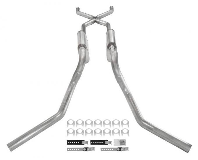 Pypes Crossmember Back W/ X-Pipe Exhaust System 63-66 GM Truck Split Side Dual Exit 2.5 Inch Intermediate And Tailpipe Hardware Incl Muffler And Tip Not Incl Stainless Steel Exhaust SGT75