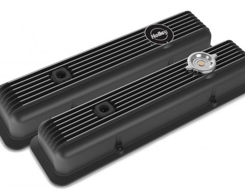 Holley Valve Covers, Muscle Series, Finned, SBC, Satin Black Machined 241-135