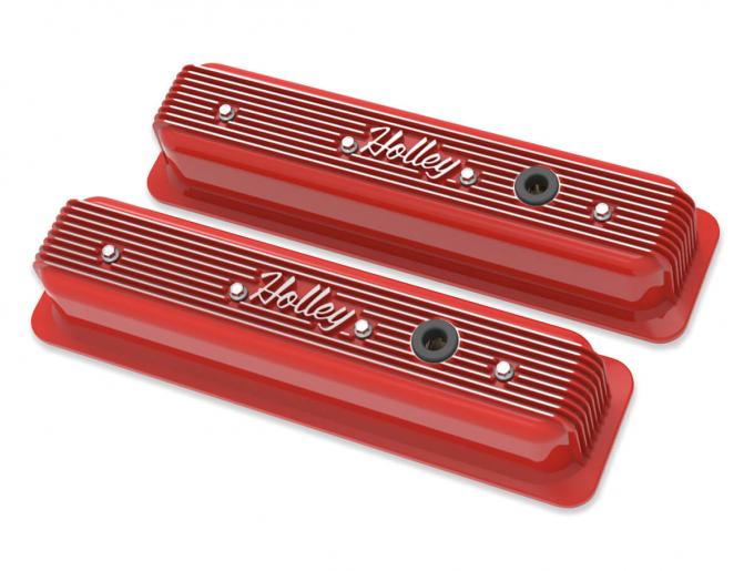 Holley Vintage Finned Valve Cover, "" Script, SBC, Center Bolt, Gloss Red Machined 241-250