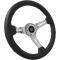 VSW S6 Style, Padded Leather Steering Wheel, 14" Diameter, 6-Bolt, Chrome Center Spokes, Black Leather Grip