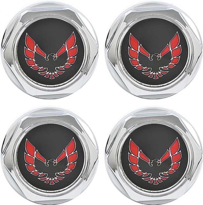 OER 1977-81 Firebird - Wheel Center Caps Chrome with Red Bird Emblem and Metal Clips - Set of 4 748665