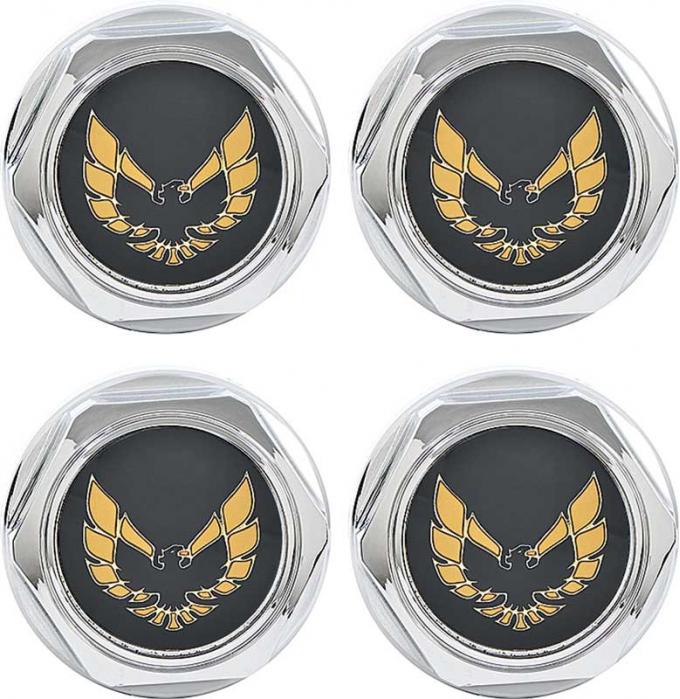 OER 1977-81 Firebird - Wheel Center Caps Chrome with Gold Bird and Metal Clip - Set of 4 748666