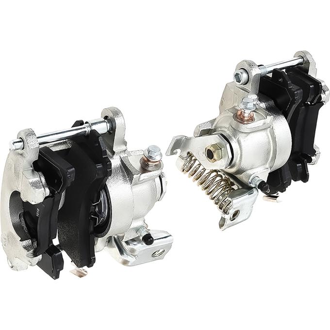 1979-85 GM, Rear Caliper Set, Metric Style, With Emergency Brake, Loaded With D154 Brake Pads, (1) LH and (1) RH Caliper, Silver Zinc Finish