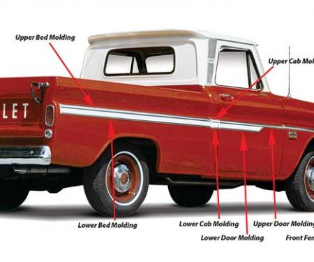 OER 1962-66 Chevy Fleetside Pickup, Long Bed, Aluminum Side Molding Set, 16 Pieces, With Clips and Hardware CX1675