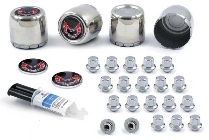 1977-81 Firebird, Trans Am, Snowflake Wheel Center Caps, Emblems & Lug Nuts Kit, Red Bird Logo, with Epoxy