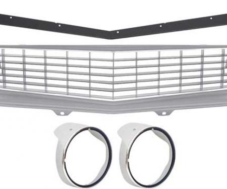 1969 Camaro Standard, Full Grill Kit, Silver Headlamp Bezels, With Chrome Rings, Silver Grill