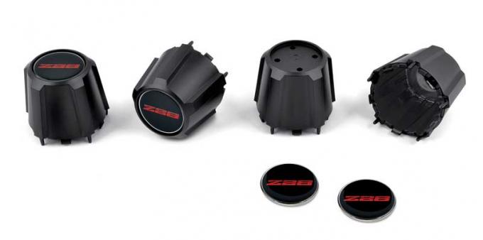 OER 1982-92 Camaro Z28 N90 Wheel Black Center Cap With Domed Poly Red Z28 Logo - Set of 4 *881210