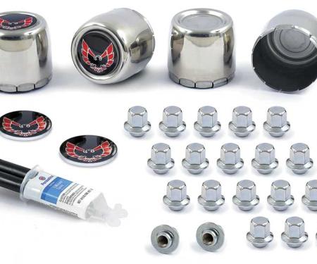 1977-81 Firebird, Trans Am, Snowflake Wheel Center Caps, Emblems & Lug Nuts Kit, Red Bird Logo, with Epoxy