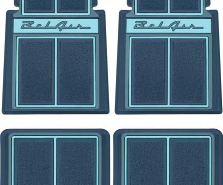 OER 1955-57 Bel Air 4 Piece Dark Blue / Blue / Light Blue Custom Carpet Floor Mats with Bel Air Script M55103