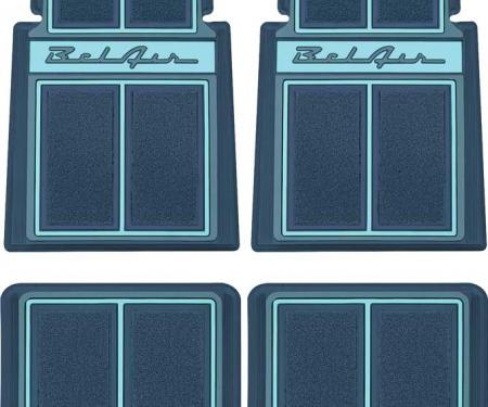 OER 1955-57 Bel Air 4 Piece Dark Blue / Blue / Light Blue Custom Carpet Floor Mats with Bel Air Script M55103