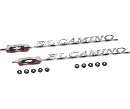 1966 El Camino Quarter Panel Emblems, LH and RH, Includes Emblems and Fasteners, Replaces GM#, die cast, chrome plated with white, red and black painted details as original