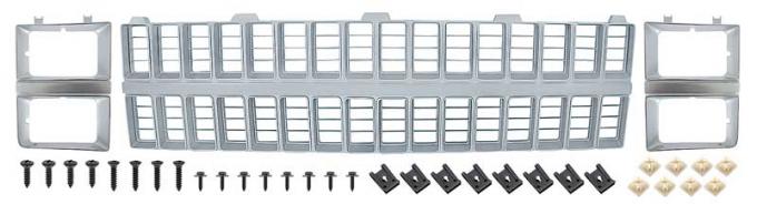 1981-82 Chevrolet Pickup Grill and Headlamp Bezel Basic Facelift Set, Emblem Delete, Argent Silver & Chrome