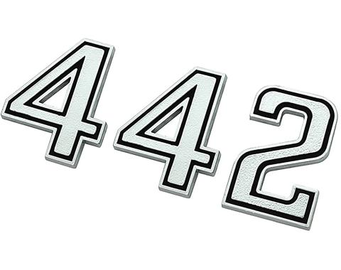 OER 1969-72 Oldsmobile Cutlass, 1969-71 442, Trunk Emblem Set, 442 Chrome & Black EM2473T