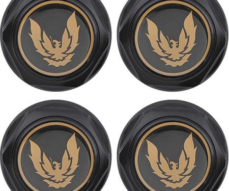 OER 1982-92 Firebird - Wheel Center Cap Set - Flat Black w/ Late Gold Bird Emblem & Metal Clips (4 pc) *881160