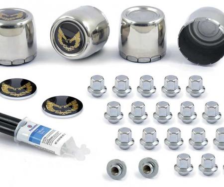 OER 1977-81 Firebird Wheel Center Cap, Emblem, Lug Nut Kit With Epoxy - Stainless with Gold Bird Logo *881183