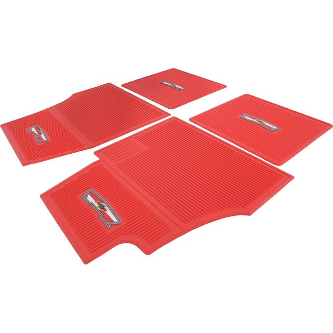 OER 1955-57 Chevy, Ribbed Rubber Floor Mat Set, with "Chevrolet" Crest , Front & Rear, Red, 4 Piece Set M55202