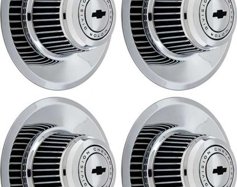 1968-81 Chevrolet, Chrome Rally Wheel Derby Cap Set, "Chevrolet Motor Division", with Center Bow Tie, 4 Piece Set