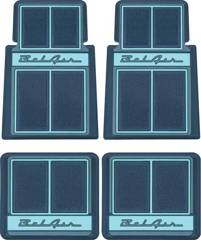 OER 1955-57 Bel Air 4 Piece Dark Blue / Blue / Light Blue Custom Carpet Floor Mats with Bel Air Script M55103