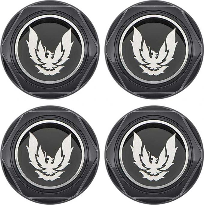 OER 1982-92 Firebird - Wheel Center Caps Gloss Black with Silver Bird Emblem with Metal Clip - Set of 4 748669