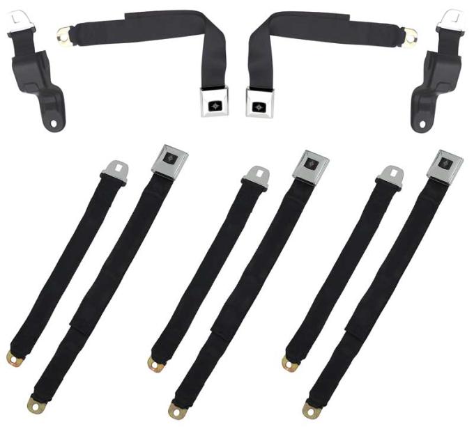 1968-69 Camaro / Firebird, Retractable Seat Belt Set, Deluxe Interior, Black with Chrome Latches, 5-Piece Set