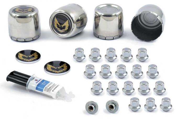 OER 1977-81 Firebird Wheel Center Cap, Emblem, Lug Nut Kit With Epoxy - Stainless with Gold Bird Logo *881183