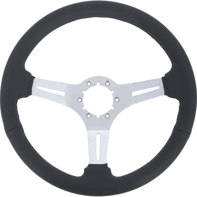 VSW S6 Style, Padded Leather Steering Wheel, 14" Diameter, 6-Bolt, Chrome Center Spokes, Black Leather Grip