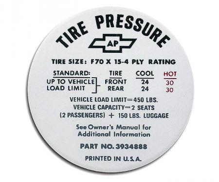 Corvette Decal, Tire Pressure-Glovebox, 1968-1972
