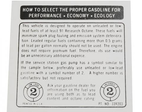 Corvette Decal, Fuel Recommendations, 1973-1974