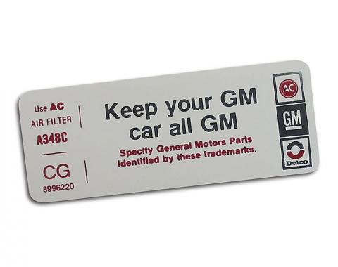 Corvette Decal, Air Cleaner Keep Your GM Car All GM, CG, 1978-1979