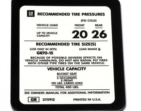 Corvette Decal, Tire Pressure 75L, 1975-1977