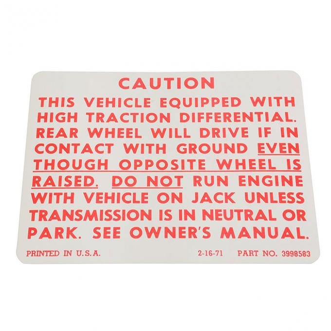 Corvette Decal, Positraction, 1972-1973