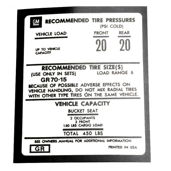 Corvette Decal, Tire Pressure on Door, 1973-1975