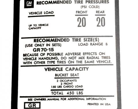 Corvette Decal, Tire Pressure on Door, 1973-1975