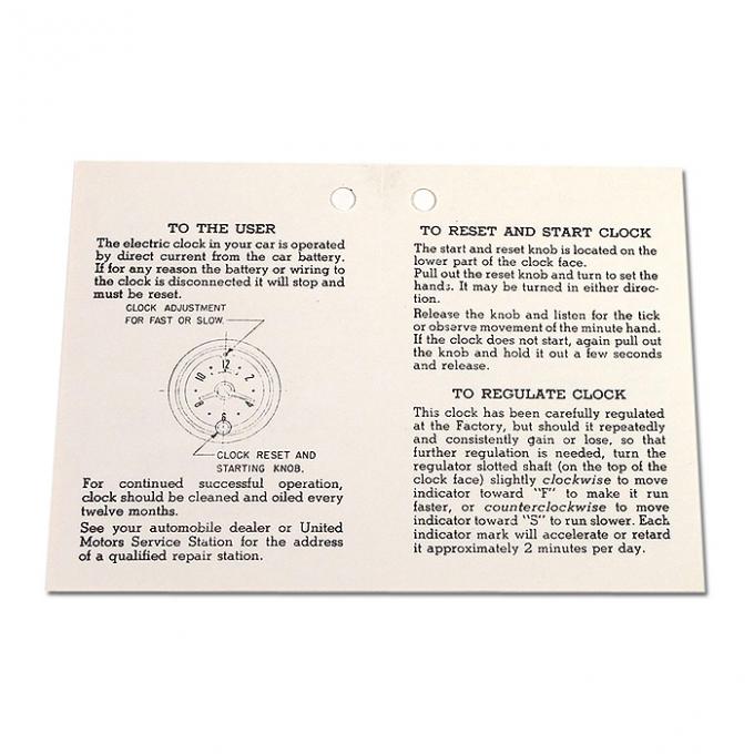 Corvette Card, Clock Instructions, 1953-1957