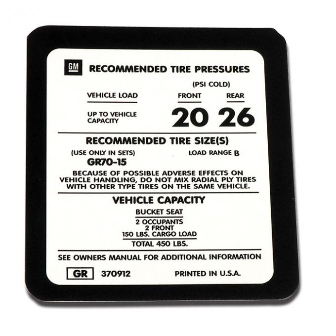 Corvette Decal, Tire Pressure 75L, 1975-1977